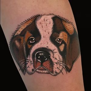 Tattoo by A Zamp #AZamp #AlexZampirri #dogtattoos #dogtattoo #pup #petportrait #puppy #animal #nature #mansbestfriend #color #traditional