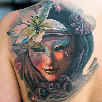 Tattoo by Al Minz #AlMinz #venetianmask #venetianmasktattoo #mardigras #carnival #brazil #neworleans #italy #2019 #masktattoo #mask #color