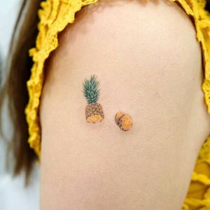 Tattoo by Siyeon #Siyeon #foodtattoos #foodtattoo #food #nutrition #cheftattoo #color #mini #tiny #small #pineapple #fruit #tropical #watercolor #realism #realistic
