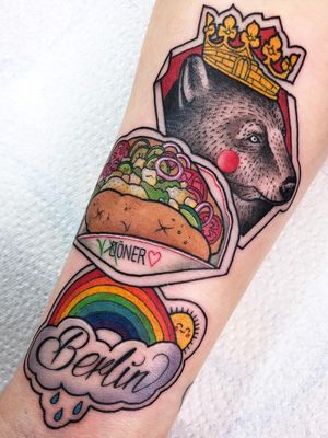 Tattoo by Guen Douglas #GuenDouglas #foodtattoos #foodtattoo #food #nutrition #cheftattoo #color #neotraditional #rainbow #sun #sandwich #bear #crown