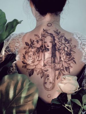 Tattoo collab by Zihae and Zihwa #zihwa #Zihae #ladyheadtattoos #ladyheadtattoo #ladyhead #lady #portrait #woman #beauty #illustrative #rose #flower #floral #reflection #water #moon