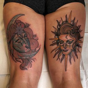 Tatuaje de Jody Dawber #JodyDawber #ladyheadtattoos #ladyheadtattoo #ladyhead #lady #retrato #mujer #belleza #color #neotradicional #luna #estrella #sol