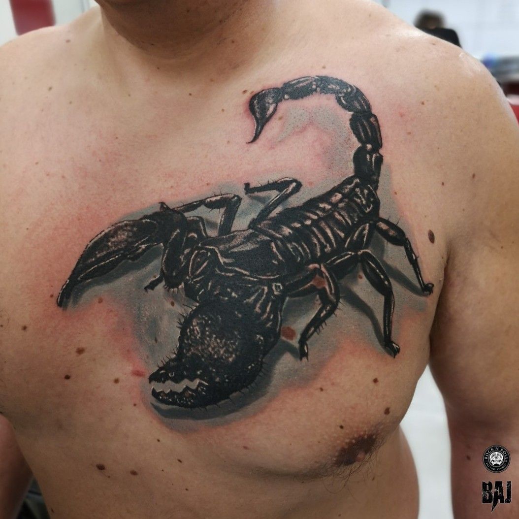 Amazing 3D Scorpion Tattoo On Man Chest