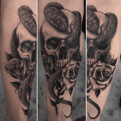 Viper and skull #skull #skulls #snake #blackandgrey #rose 