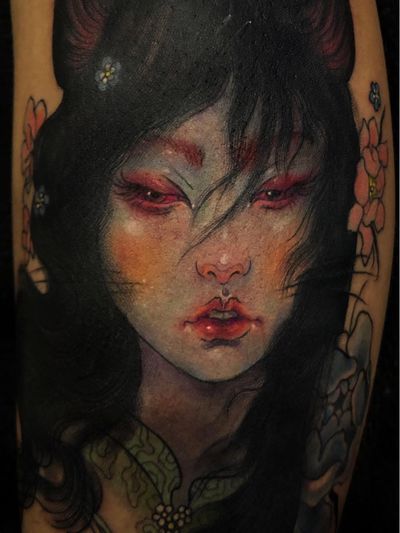 Tattoo by Aimee Cornwell #AimeeCornwell #ladyheadtattoos #ladyheadtattoo #ladyhead #lady #portrait #woman #beauty #neotraditional #painterly #oilpainting #beauty #flower #floral #Japanese