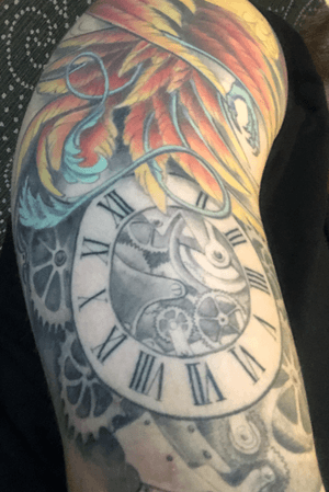 Open clock with gears around. Second part of future sleeve 