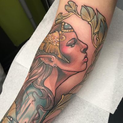 Tattoo by Chrissy Hills #ChrissyHills #ladyheadtattoos #ladyheadtattoo #ladyhead #lady #portrait #woman #beauty #neotraditional #color #mermaid #wings #jewelry #pearls
