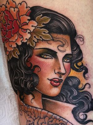 Tattoo by Guen Douglas #GuenDouglas #ladyheadtattoos #ladyheadtattoo #ladyhead #lady #portrait #woman #beauty #color #neotraditional #flower #floral #peony