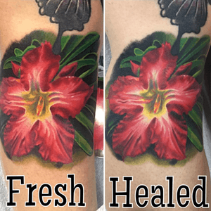Little fresh and healed collage of a hibiscus flower done on the side of the leg. #color #flower #hibiscus