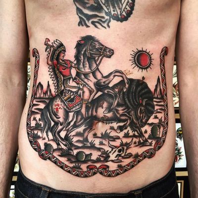 Tattoo by Joe Tartarotti #JoeTartarotti #traditionaltattoo #traditional #color #Italy #italiantattooartist #buffalo #nativeamerican #horse #desert #cactus #sun #hatchet #feathers
