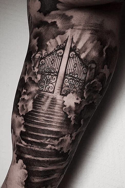 Stairs to heaven scroll hands and dove custom tattoo  Heaven tattoos Sky  tattoos Half sleeve tattoos for guys