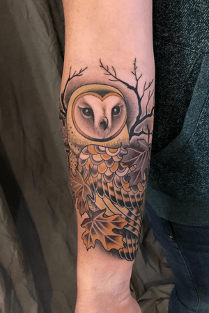 #barnowl #owl #leaves #neotraditional #color #DarcyNutt #chalicetattoo 