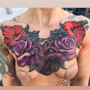 Anantomical heart chest piece with purple roses and poppy flower