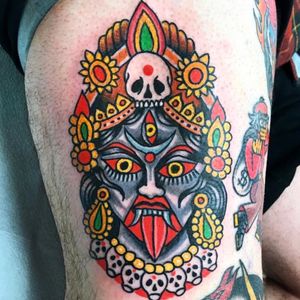 Tattoo by Robert Ryan #RobertRyan #Kalitattoos #kalithedestroyer #goddessKali #Hindu #HinduGoddess #deity #color #thirdeye #traditional #skull #crown #gem #jewels #ornamental