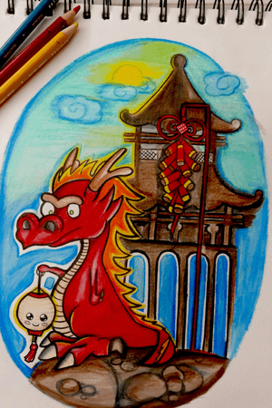 This picture was inspired by lunar new year, and a little bit of my asian culture art that I grew up with. I know that still have area need to be done. And color pencil is not a good choice to lay out the background color.
