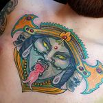 Tattoo by Elliott J Wells #ElliottWells #Kalitattoos #kalithedestroyer #goddessKali #Hindu #HinduGoddess #deity #color #newtraditional #crown #gem #jewel