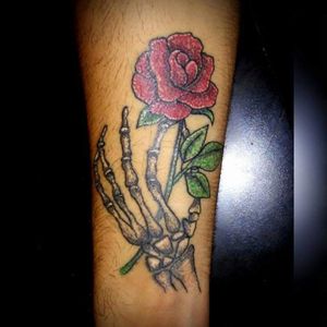 Rose skeleton  dotwork color hand tattoo