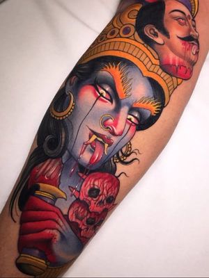 Tattoo by Yonmar #Yonmar #Kalitattoos #kalithedestroyer #goddessKali #Hindu #HinduGoddess #deity #color #skull #death #blood #crown #neotraditional