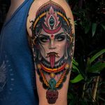 Tattoo by zacksingerink #zachsingerink #zachsinger #Kalitattoos #kalithedestroyer #goddessKali #Hindu #HinduGoddess #deity #color #blackandgrey #portrait #realism #realistic #mashup #skull #thirdeye #crown