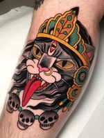 Tattoo by Iris Lys #IrisLys #Kalitattoos #kalithedestroyer #goddessKali #Hindu #HinduGoddess #deity #color #neotraditional #skull #cat #kitty #crown #thirdeye
