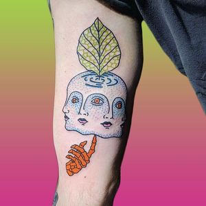 Tattoo on the left by Dase Tattoos #DaseTattoos #besttattoos #favoritetattoos #uniquetattoos #specialtattoos #tattoosformen #tattoosforwomen #surreal #trange #portrait #skeleton #leaf