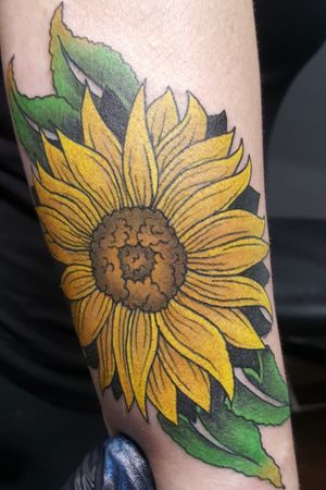 Big bold me style full color sunflower! #flowertattoo #colortattoo #sunflowertattoo 
