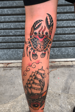 Fresh crab, healed ship for ryan. #flash #bold #trad #traditional #traditionaltattoo #tattooartist #tattooart #bold #BoldTattoos #boldwillhold #classictattoos #vintage #goldcoastaustralia #australia 