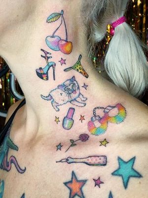 Tattoo by Lolli aka lollipoptattoos #Lolli #lollipoptattoos #besttattoos #favoritetattoos #uniquetattoos #specialtattoos #tattoosformen #tattoosforwomen #cat #handcuffs #lipstick #rose #stars #cherry