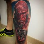Hellboy colour realism tattoo on leg.