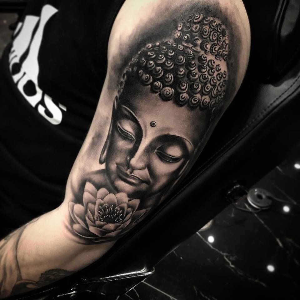 Tattoo uploaded by Curro López • Black and white realism buddha tattoo on  shoulder and bicep. • Tattoodo