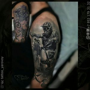 Cover up realistic tattoo with motorcycle and biker. Перекрытие мотоцикл и байкер в реализме. 