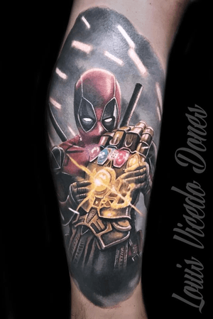 Dead pool !!  Done by Louis Vicedo Dones      Atelier 22 tattoo , sponsored by Shadink tattoo ink. #tattooart #realism #louisvicedodones #MarvelTattoo #deadpooltattoo #colorful #tat 
