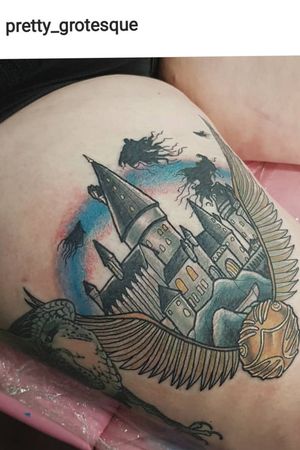 Hogwarts is my home. #hogwarts #hogwartsschool #wizardtattoo #witchtattoo #witchcraft #amazing #fantattoo #geektattoos #nerdytattoo #fangirl #legtattoo #blueink #goldensnitch #goldenink #blackink #colortattoo #colorful #fan #childhood #magicaltattoo #girlswithtattoos #girltattoo #magic #witchcraft #magical #HarryPotterTattoos #potterink #harrypotter #PotterHead #potterworld #jkrowling #lineworktattoo #armtattoo #sketchstyle #comical #Dementor #snitch #bookworm #dontletthemugglesgetyoudown @pretty_grotesque #instatattoo 