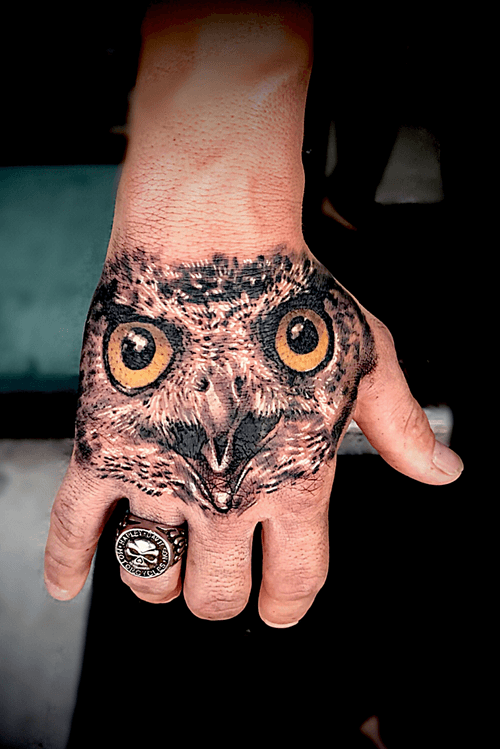 Owl hand tattoo one pass