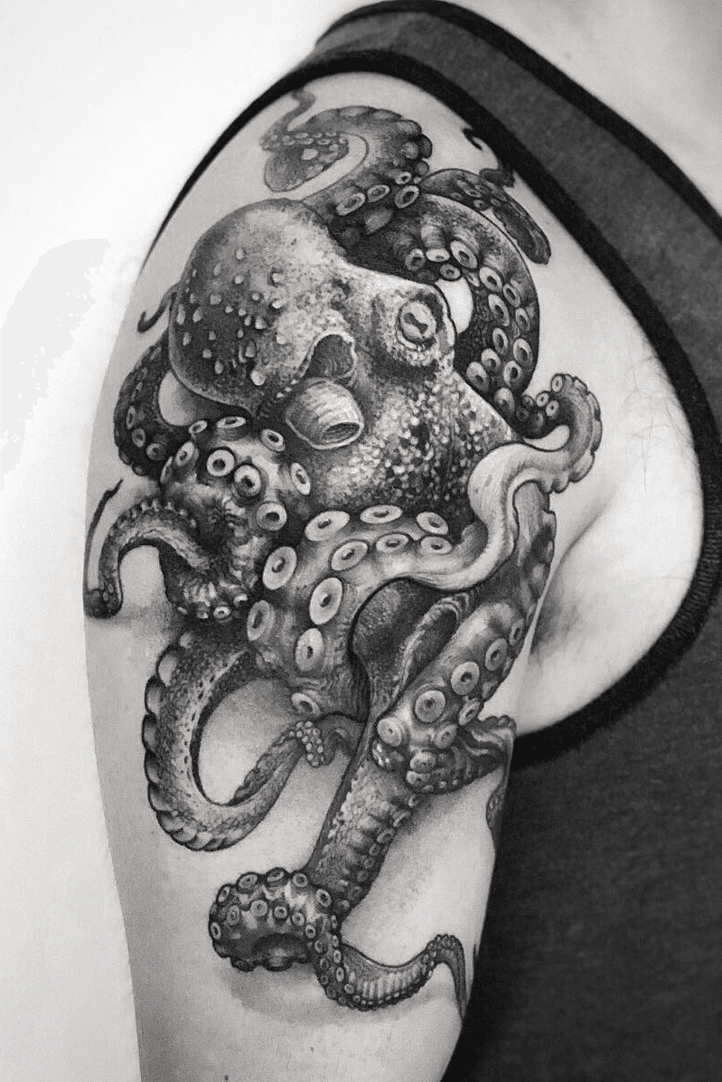 Octopus tattoo arm piece in black and grey by yorick tattoo in Austin TX   rtattoo