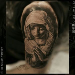 Realistic tattoo black and gray with Maria Magdalena. Черно-серый реализм с девой Марией. 