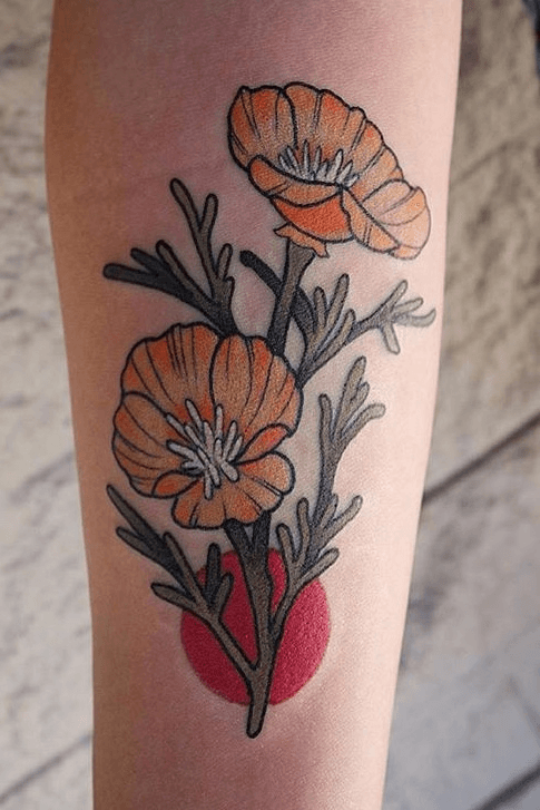 California poppy flower tattoo on the back of the left