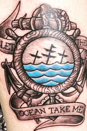 An original piece drawn and tattooed by Cody Wilkins from Scarecrow Ink Tattoo from BC done at the Philadelphia Tattoo Convention #anchor #OceanTattoos #band #lyricstattoo #shipwreck #blackandgreytattoo #blackandgrey 
