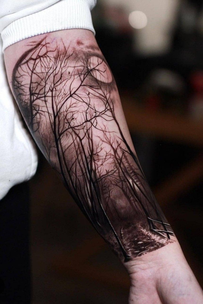 Tattoo uploaded by Lucian • #foresttattoo #forest #trees #tree #path #black #dark • Tattoodo