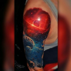 Realistic tattoo with space. #space #spacetattoo #halfsleeve 