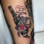 Tattoo by Jody Dawber #JodyDawber #cutetattoos #cutetattoo #cute #color #neotraditional #champagne #glass #bottle #liquor #wine #valentine #heart #banner