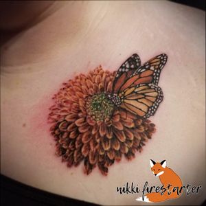 Some delicate realism dedicated to a lost loved one, by Nikki Firestarter at The Tattooed Lady. nikkifirestarter.com#tattoo #bodyart #bodymod #ink #art #nonbinaryartist #nonbinarytattooist #mnartist #mntattoo #visualart #tattooart #tattoodesign #monarch #marigold #flower #floraltattoo #marigoldtattoo #monarchtattoo #butterfly #realism #realistictattoo #flowertattoo #springtattoo #memorialtattoo #colortattoo #realisticstyle #representational