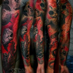 Realistic tattoo sleeve with heart, fish, octopus, cat and gun. #sleeve #piranha #hearttattoo #octopus #starfish 