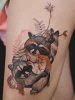 Tattoo by Dzo Lama #DzoLama #cutetattoos #cutetattoo #cute #color #illustrative #raccoon #animal #nature #berries