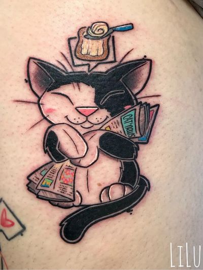 Tattoo by Lilu #Lilu #cutetattoos #cutetattoo #cute #color #newschool #illustrative #cat #kitty #butter #toast #newspaper