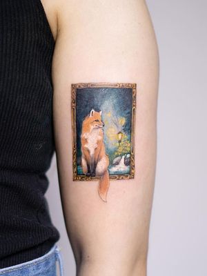 Tattoo by Tattooist Silo #TattooistSilo #Silo #cutetattoos #cutetattoo #cute #color #fox #nature #frame #gold #animal #waterfall #lamp #landscape