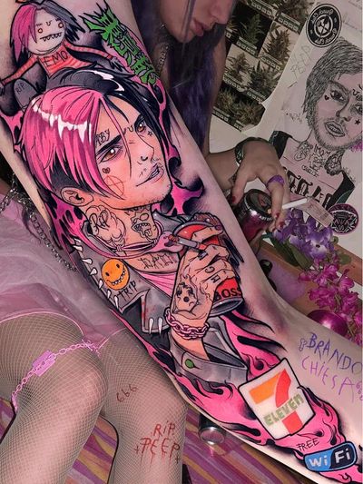 Tattoo by Brando Chiesa #BrandoChiesa #openbookings #cooltattoos #color #newschool #lilpeep #tattooedtattooes #7eleven #portrait #anarchy #skull #heart #smileyface #cigarette