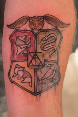 Hogwarts House Crest with Deathly Hallows and the golden snitch. Done by Mel at Deaf Dog Ink in Weldon Spring, Mo