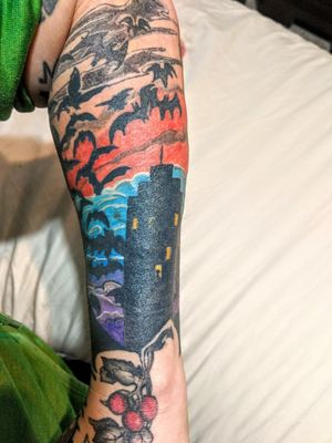 Added buildings, bats and a colourful skyline to my Gotham city arm sleeve