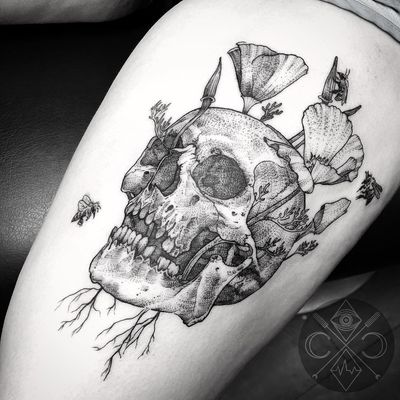 Tattoo by Christopher Carter #ChristopherCarter #openbookings #cooltattoos #illustrative #blackwork #skull #death #flowers #floral #bees #nature #death